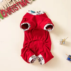 Christmas red pet jumpsuit with festive prints for small dogs and teddy puppies warm winter wear