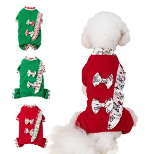 Christmas pet jumpsuit with bow and ruffles, festive dog clothes for small dogs and holiday parties.
