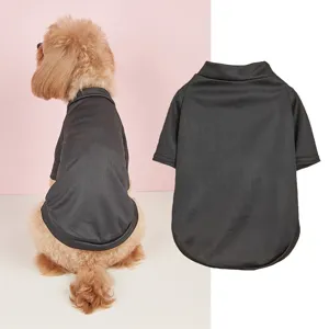 Detail view of black mesh pet t-shirt with dog wearing it, breathable summer dog apparel.
