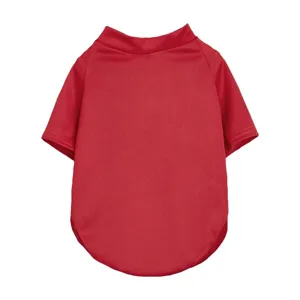 Close-up of breathable red mesh fabric and short sleeves detail for pet summer clothing.