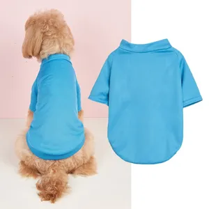 Detailed view of breathable blue mesh pet t-shirt, showing texture and on-dog wear style.