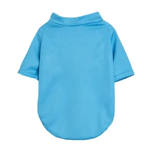 Breathable mesh pet t-shirt detail view, lightweight solid blue summer dog apparel for small breeds.
