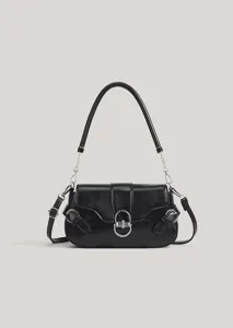 Detailed view of the black leather baguette shoulder bag with metal chain and lock buckle.