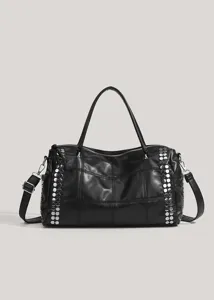 Sac cabas classique en cuir noir avec clous élégants, grand sac à main pour femmes.