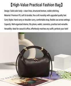 Dark brown PU leather shoulder dumpling bag detail, casual commute minimalist chic design.