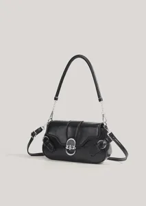 Detailed view of black leather baguette shoulder bag with metallic lock and chain strap.