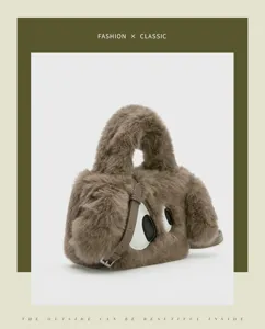 Cute winter fluffy plush handbag for women, big-eyed dog design shoulder crossbody bag.