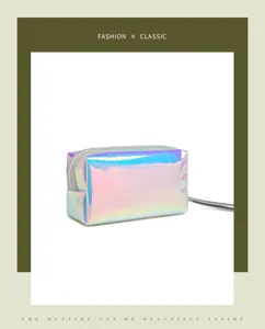 Laser PVC cosmetic bag detail showing holographic shine, zipper closure and handy side strap.