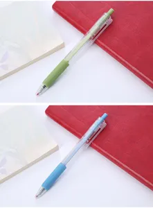 Close-up details of Morandi color retractable gel pens with clear barrel and soft grip.