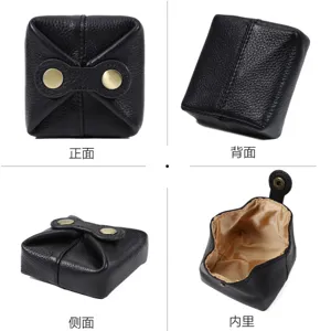 Detailed views of black leather mini coin purse, portable lipstick pouch and cute earphone case.