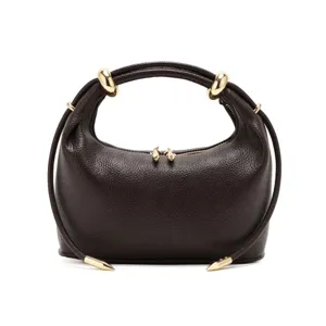 Dark brown leather hobo shoulder bag with stylish gold hardware, elegant minimalist design.