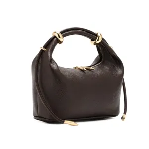 Dark brown leather shoulder bag with gold-tone hardware chic dumpling handbag for women