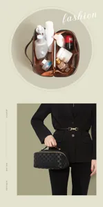 Detailansicht der schwarzen karierten Reisekosmetiktasche mit großer Kapazität und Fächern.