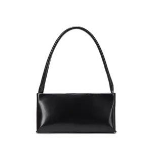 Minimalist black leather baguette underarm bag, chic vintage single shoulder handbag for women.