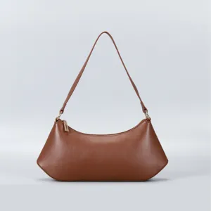Brown leather shoulder bag for women, minimalist hobo handbag for daily work and fashion.