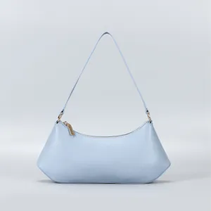 Light blue minimalist leather underarm bag detail, sleek minimalist shoulder bag design.