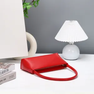 Red leather baguette shoulder bag stylish minimalist underarm purse for women daily casual use
