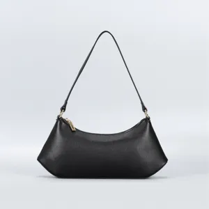 Close-up view of the black minimalist hobo shoulder bag showing its sleek curved silhouette.