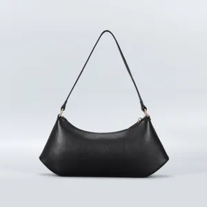 Black leather shoulder bag, minimalist crescent underarm handbag for women daily commute.