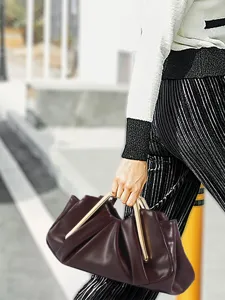 Dark brown pleated leather handbag with rigid metal handle chic cloud clutch for women daily style