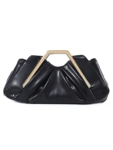 Black soft leather pleated clutch bag with gold geometric metal handle for women evening