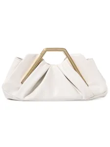 White pleated clutch bag with gold geometric metal handle, soft leather fashion handbag.