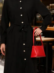 Classic red baguette shoulder bag, minimalist retro PU leather handbag for women daily wear.