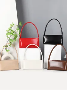 Minimalist vintage baguette shoulder bag, stylish PU leather handbag for women main view.