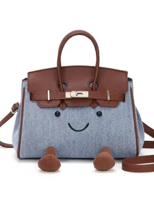 Damen Canvas Denim Patchwork Handtasche Süße Lächeln Stickerei Umhängetasche Schultertasche Mode Pendler Henkeltasche