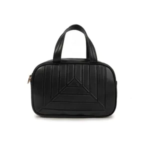 Black top handle bag for women commute faux leather handbag geometric stitched shoulder bag