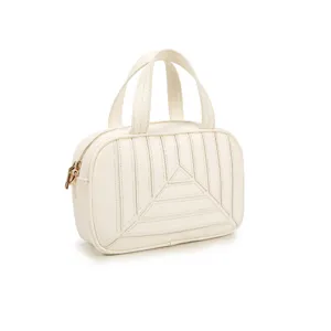 White quilted handbag with top handles and stylish geometric pyramid pattern for daily commuting.