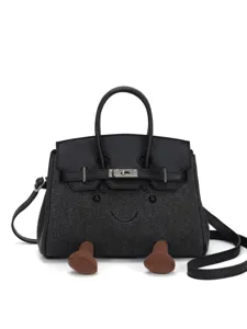 Schwarze Damen Umhängetasche aus Jeansstoff mit süßem Gesicht, modische Henkeltasche Alltag.