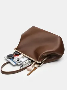 Vintage brown leather kiss-lock handbag, stylish women large capacity commuter shoulder bag