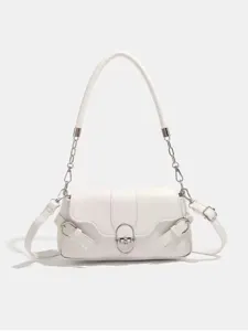 White baguette shoulder bag with chain strap, stylish moto style crossbody bag for women.