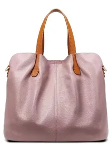 Stylish pink leather tote bag for women, large capacity commuter shoulder handbag.