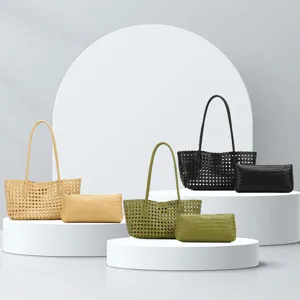 Sac cabas tisse avec pochette assortie, elegante sacoche en cuir pour femme, style ete.