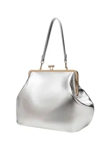Vintage silver metallic kiss-lock handbag, stylish large capacity top handle tote bag.