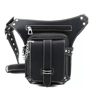 Borsa da gamba moto steampunk retro, marsupio in pelle PU nera con catena.