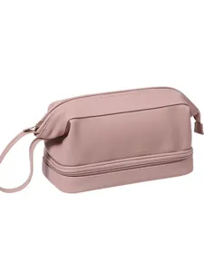 Pink double layer cosmetic bag large capacity portable makeup organizer pouch for women.