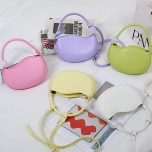 Women's Fashion PU Leather Crossbody Bag Cute Candy Color Pea Shaped Handbag Beaded Handle Casual Daily Shoulder Bag