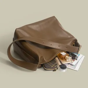 Stylish women brown soft leather shoulder bag casual large capacity hobo tote bag main view