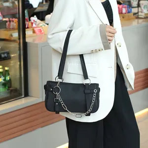 Fashion black nylon underarm shoulder bag with metal chain versatile trendy women handbag