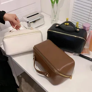 Wasserdichte PU Leder Kosmetiktasche Vintage Karomuster Kulturtasche Tragbare Große Kapazität Reise Make-up Organizer