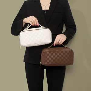 Klassisches Karomuster Kosmetiktasche mit Griff, grosser Kapazität wasserdichter Kulturbeutel.
