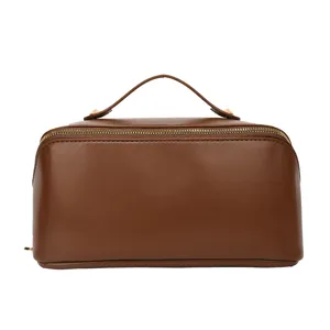 Braune Vintage Kosmetiktasche aus Leder, wasserdichte Kulturbeutel mit grossem Stauraum Hauptbild