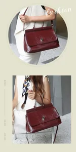 Wine red vintage briefcase, elegant leather shoulder bag for daily commuting and office wear.