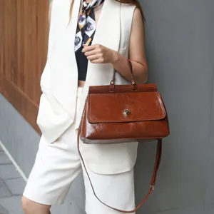 Women's Vintage PU Leather Briefcase Large Capacity Top Handle Bag Casual Commuting Satchel Handbag With Metal Lock