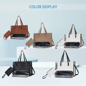 Large capacity quilted tote bag with bottom lunch compartment and small pouch for women work office.