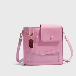 Pink cute shoulder bag with transparent front pocket and bow design for casual daily use