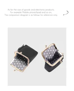 Genuine leather kiss-lock coin purse with cute polka dot lining, compact and portable.